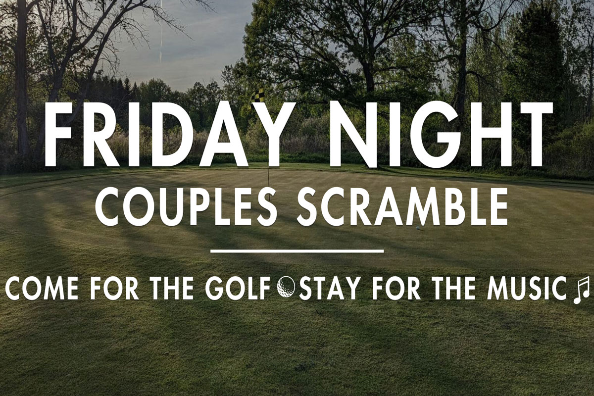 A serene golf course at sunset with trees and a green. Golfers enjoy Friday night golf.